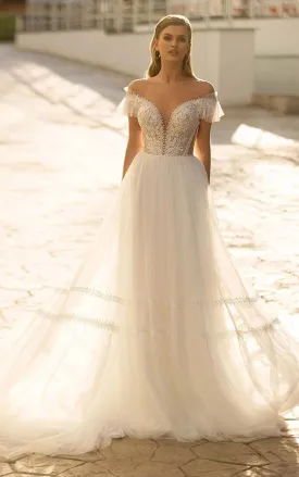 Bohemian A Line Lace V-neck Court Train Wedding Dress with Appliques-716083