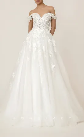 H1306 - Sexy Tulle A-Line Sweetheart Off-Shoulder Empire Floral Appliqued With Train Wedding Dress