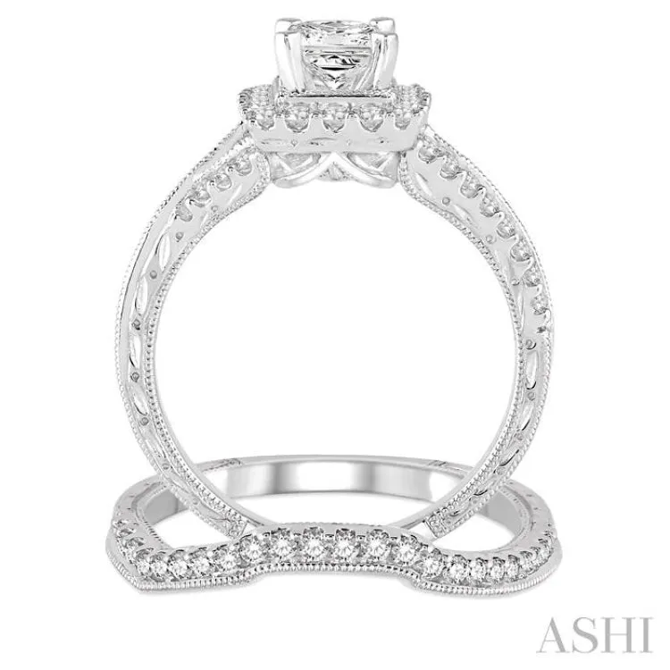 1 1/10 Ctw Diamond Bridal Set with 7/8 Ctw Princess Cut Engagement Ring and 1/5 Ctw Wedding Band in 14K White Gold