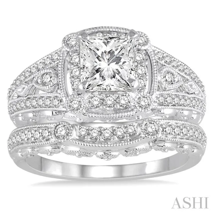 1 1/10 ctw Diamond Bridal Set with 7/8 Ctw Princess Cut Engagement Ring and 1/6 Ctw Wedding Band in 14K White Gold