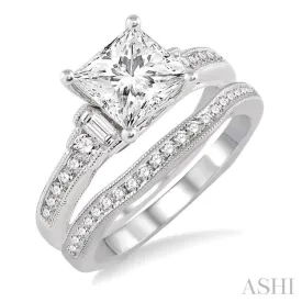 1 1/10 Ctw Diamond Wedding Set with 7/8 Ctw Princess Cut Engagement Ring and 1/5 Ctw Wedding Band in 14K White Gold