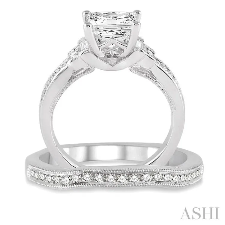 1 1/10 Ctw Diamond Wedding Set with 7/8 Ctw Princess Cut Engagement Ring and 1/5 Ctw Wedding Band in 14K White Gold