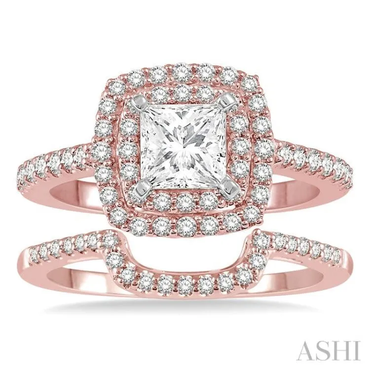 1 1/5 Ctw Diamond Wedding Set in 14K With 1 Ctw Cushion Shape Double Row Engagement Ring in Rose and White Gold and 1/5 Ctw Wedding Band in Rose Gold