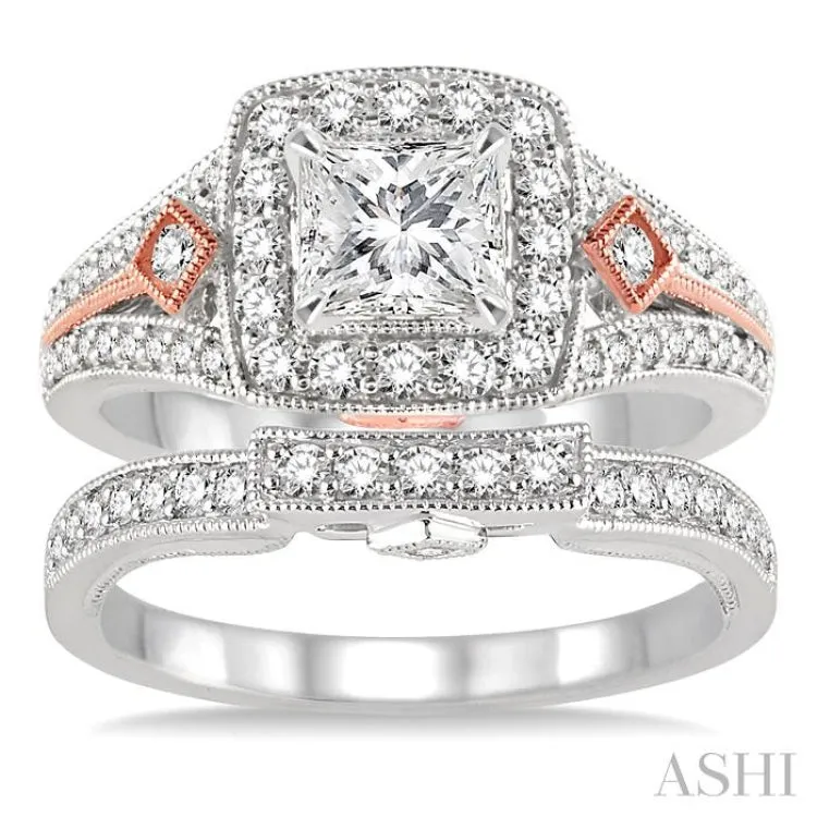 1 1/5 Ctw Diamond Wedding Set with 1 Ctw Princess Cut Engagement Ring and 1/4 Ctw Wedding Band in 14K White and Rose Gold