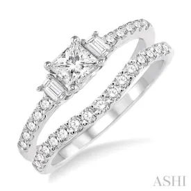 1 1/6 Ctw Diamond Wedding Set with 7/8 Ctw Princess Cut Engagement Ring and 1/4 Ctw Wedding Band in 14K White Gold