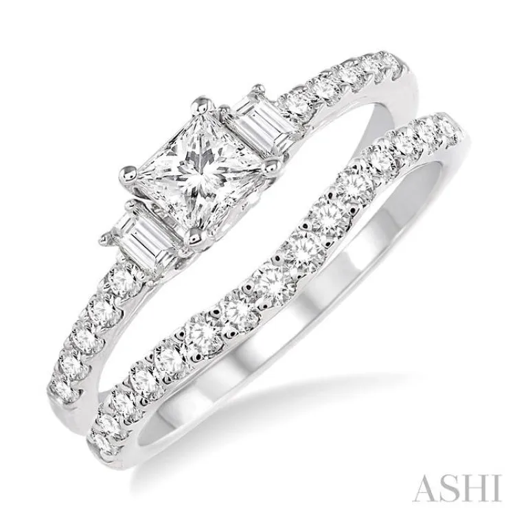 1 1/6 Ctw Diamond Wedding Set with 7/8 Ctw Princess Cut Engagement Ring and 1/4 Ctw Wedding Band in 14K White Gold