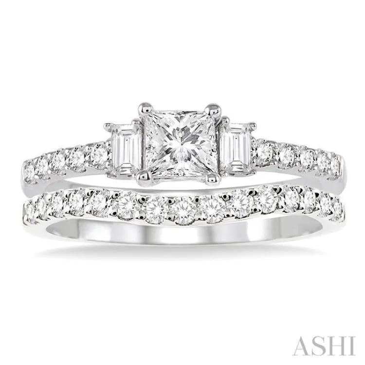 1 1/6 Ctw Diamond Wedding Set with 7/8 Ctw Princess Cut Engagement Ring and 1/4 Ctw Wedding Band in 14K White Gold