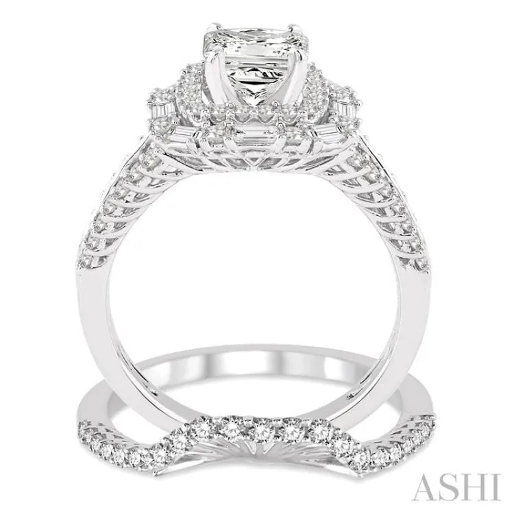 1 3/4 Ctw Diamond Wedding Set with 1 1/2 Ctw Princess Cut Engagement Ring and 1/4 Ctw Wedding Band in 14K White Gold