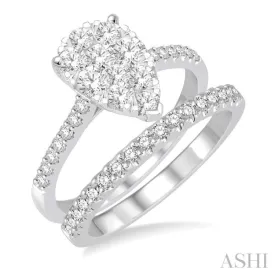 1 Ctw Diamond Lovebright Wedding Set With 3/4 Ctw Pear Shape Engagement Ring and 1/4 Ctw Wedding Band in 14K White Gold