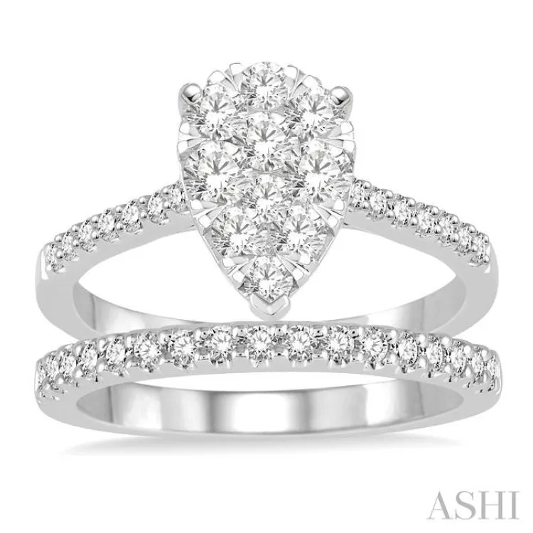 1 Ctw Diamond Lovebright Wedding Set With 3/4 Ctw Pear Shape Engagement Ring and 1/4 Ctw Wedding Band in 14K White Gold