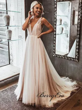 2019 New A-Line V Neck Open Back Ivory Tulle Wedding Dresses, Lace Beach Bridal Gowns