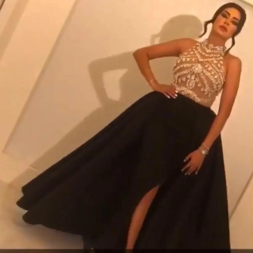 2020 beaded prom dresses long high neck sleeveless black arabic prom gown 2021 robe de soiree