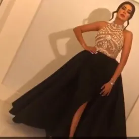 2020 beaded prom dresses long high neck sleeveless black arabic prom gown 2021 robe de soiree