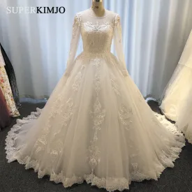 2020 lace applique boho wedding dresses ball gown beaded elegant chapel train luxury bridal dress