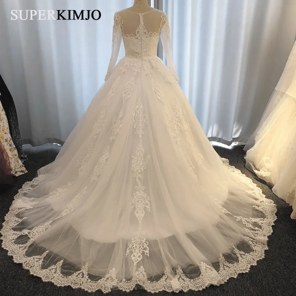 2020 lace applique boho wedding dresses ball gown beaded elegant chapel train luxury bridal dress