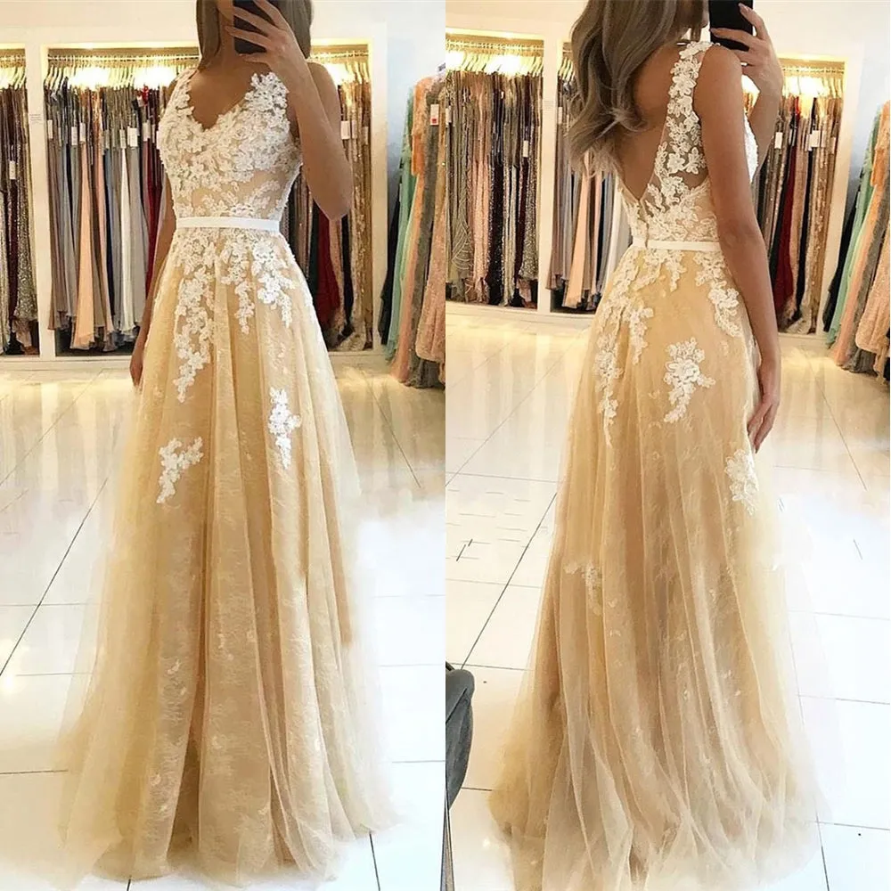 2021 champagne lace applique prom dresses long v neck sleeveless elegant cheap prom gowns vestido de Longo