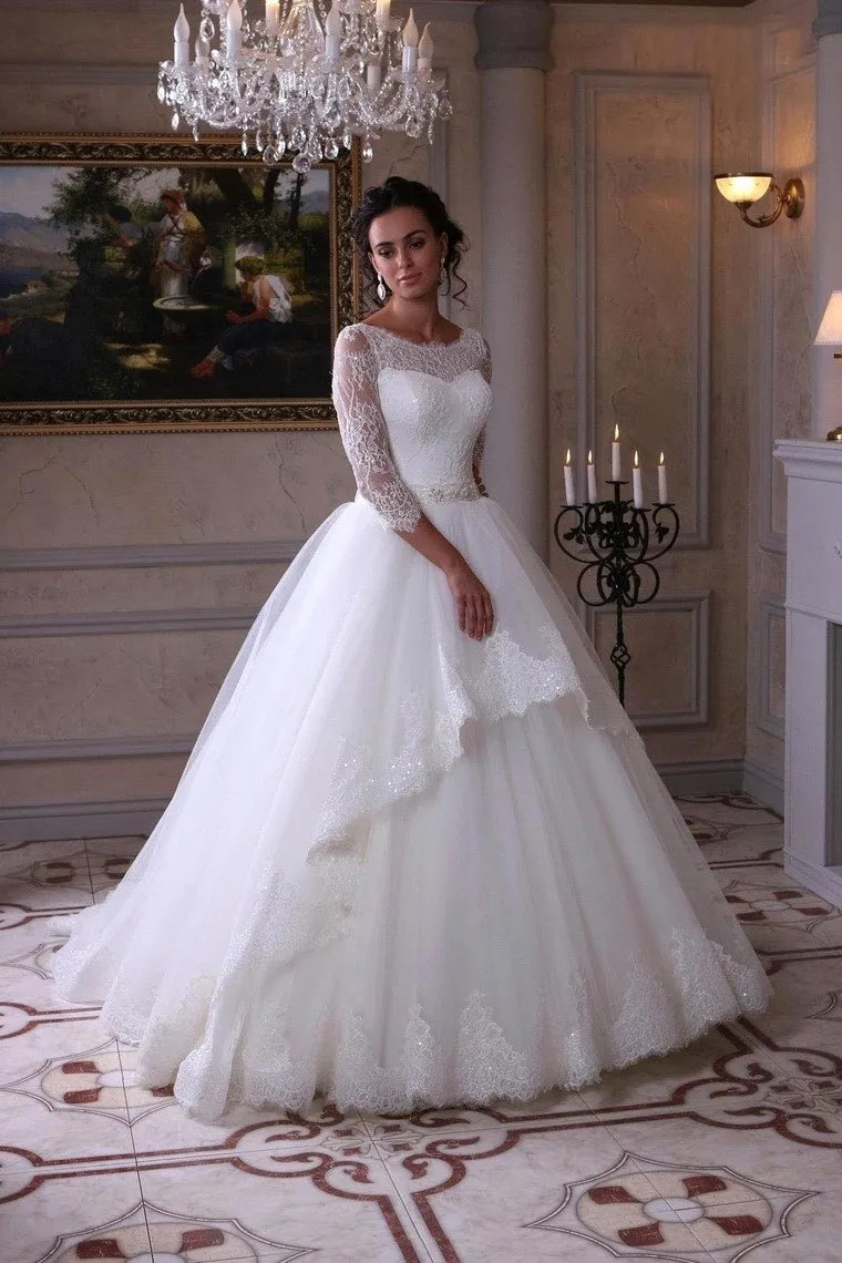 3/4 Length Sleeve Wedding Dresses Ball Gown Tulle With Applique Sweep Train