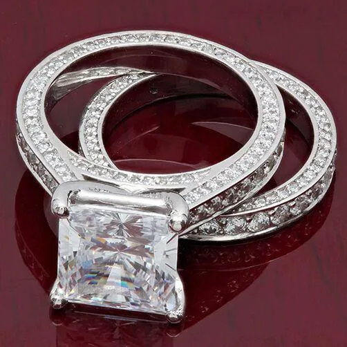 3.5 CT Cubic Zirconia Princess Cut Engagement Ring with Matching band in 14K white gold.