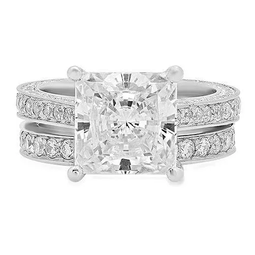 3.5 CT Cubic Zirconia Princess Cut Engagement Ring with Matching band in 14K white gold.