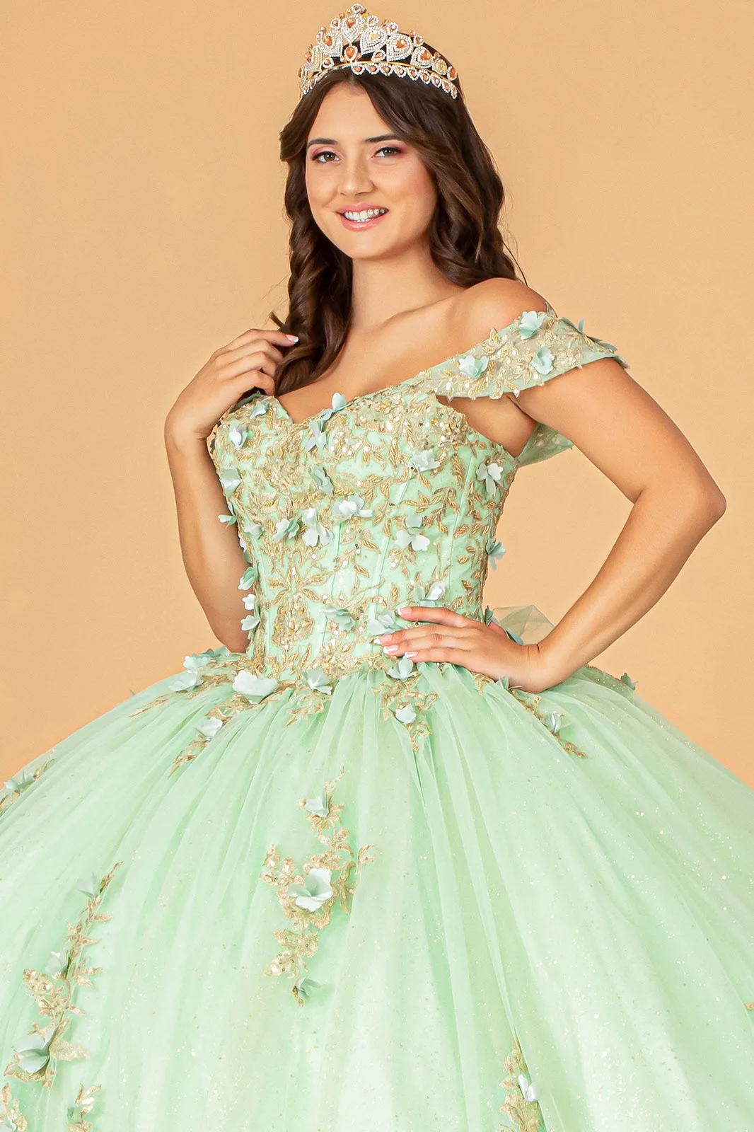 3D Floral Off Shoulder Ball Gown by Elizabeth K GL3102