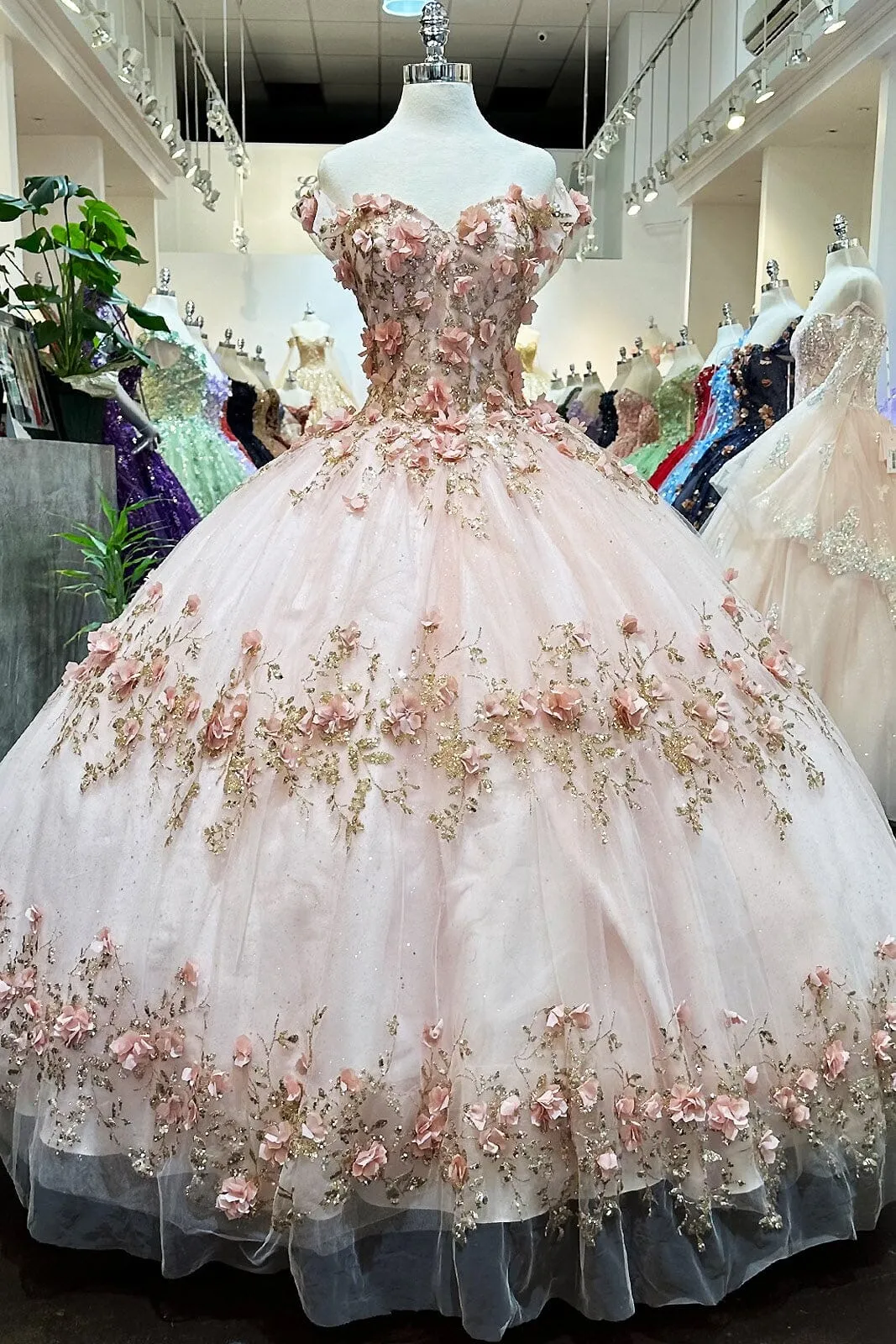 3D Floral Off Shoulder Cape Ball Gown by Elizabeth K GL3179