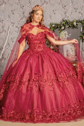 3D Floral Off Shoulder Cape Ball Gown by Elizabeth K GL3179