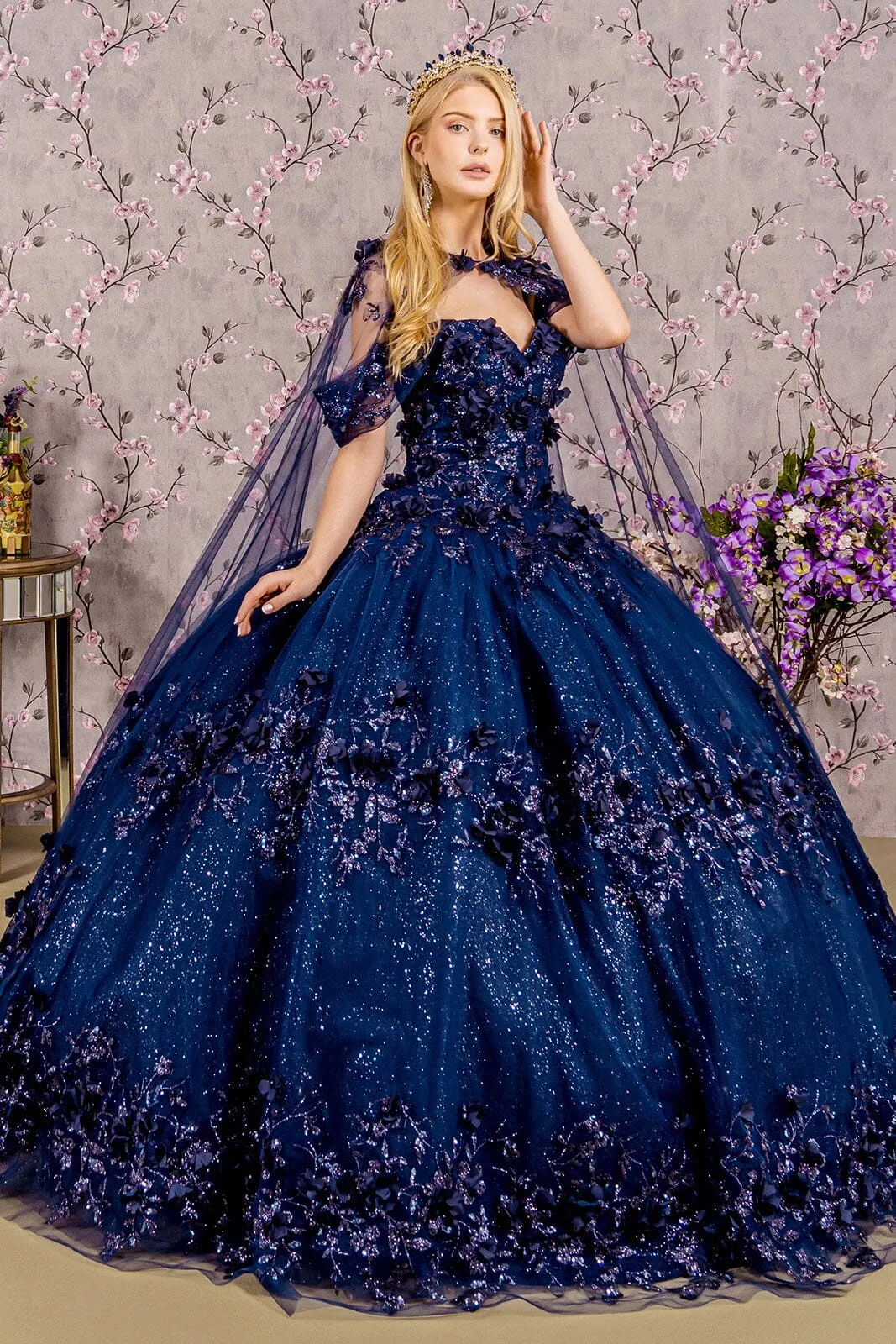 3D Floral Off Shoulder Cape Ball Gown by Elizabeth K GL3179