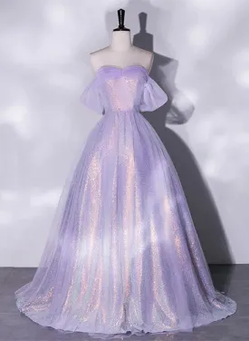 A charming sequin lavender A-line sheer strapless dance dress, lavender princess off the shoulder sleeveless sheer evening dress