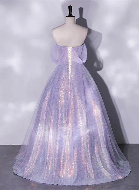 A charming sequin lavender A-line sheer strapless dance dress, lavender princess off the shoulder sleeveless sheer evening dress