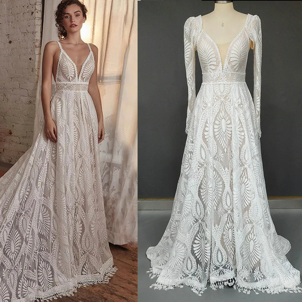 A line boho spaghetti strap lace wedding dress with long sleeve bolero cheap affordable wedding dress