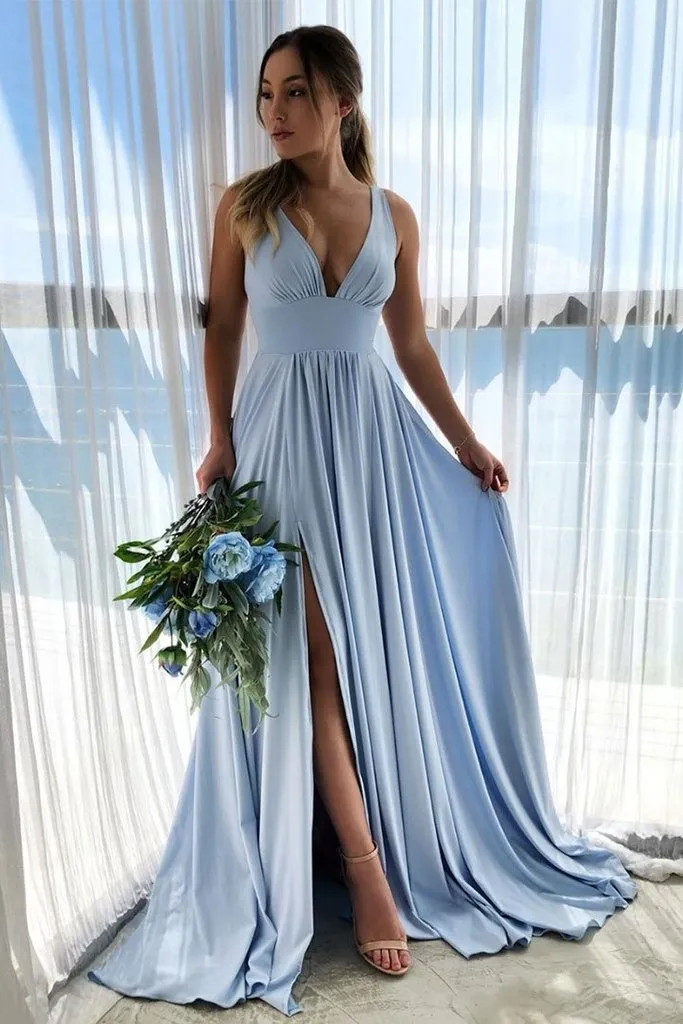 A Line Deep V Neck Cheap Bridesmaid Dresses For Wedding Simple Prom Dress