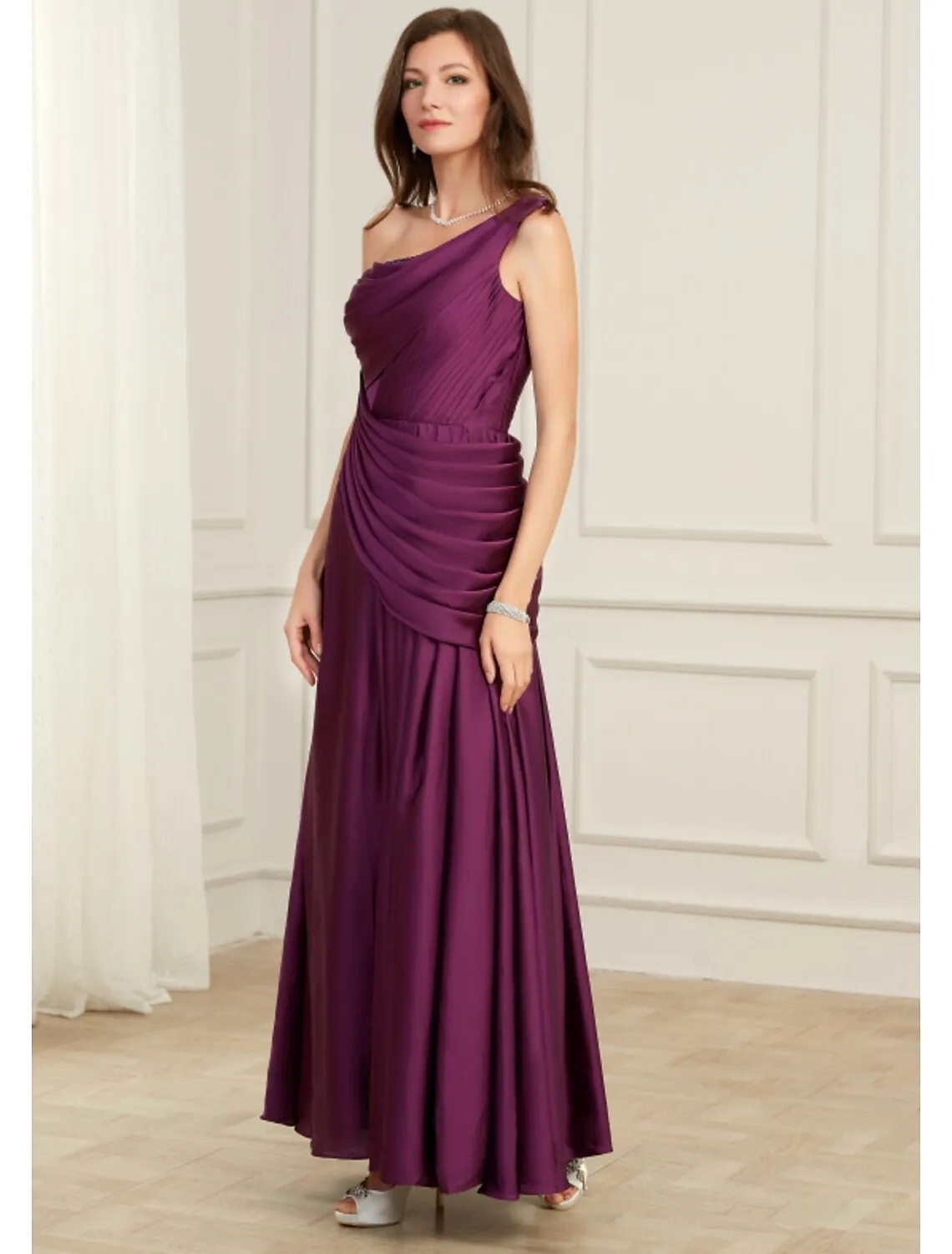 A-Line Evening Gown Elegant Dress Wedding Floor Length Sleeveless One Shoulder Polyester with Pleats Ruched