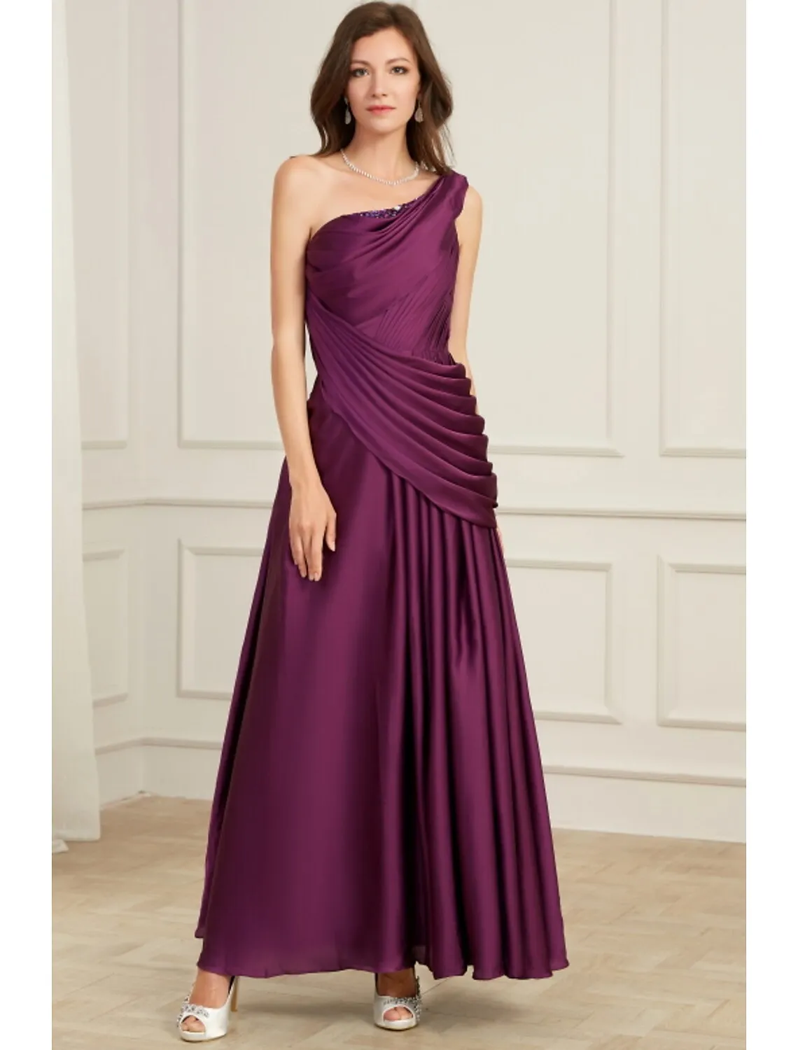 A-Line Evening Gown Elegant Dress Wedding Floor Length Sleeveless One Shoulder Polyester with Pleats Ruched