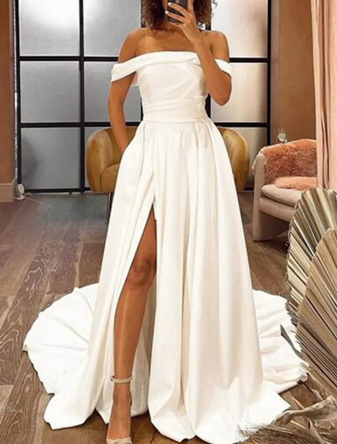 A-Line Evening Gown Elegant Dress Wedding Prom Court Train Sleeveless Off Shoulder Pocket Satin with Ruched Slit