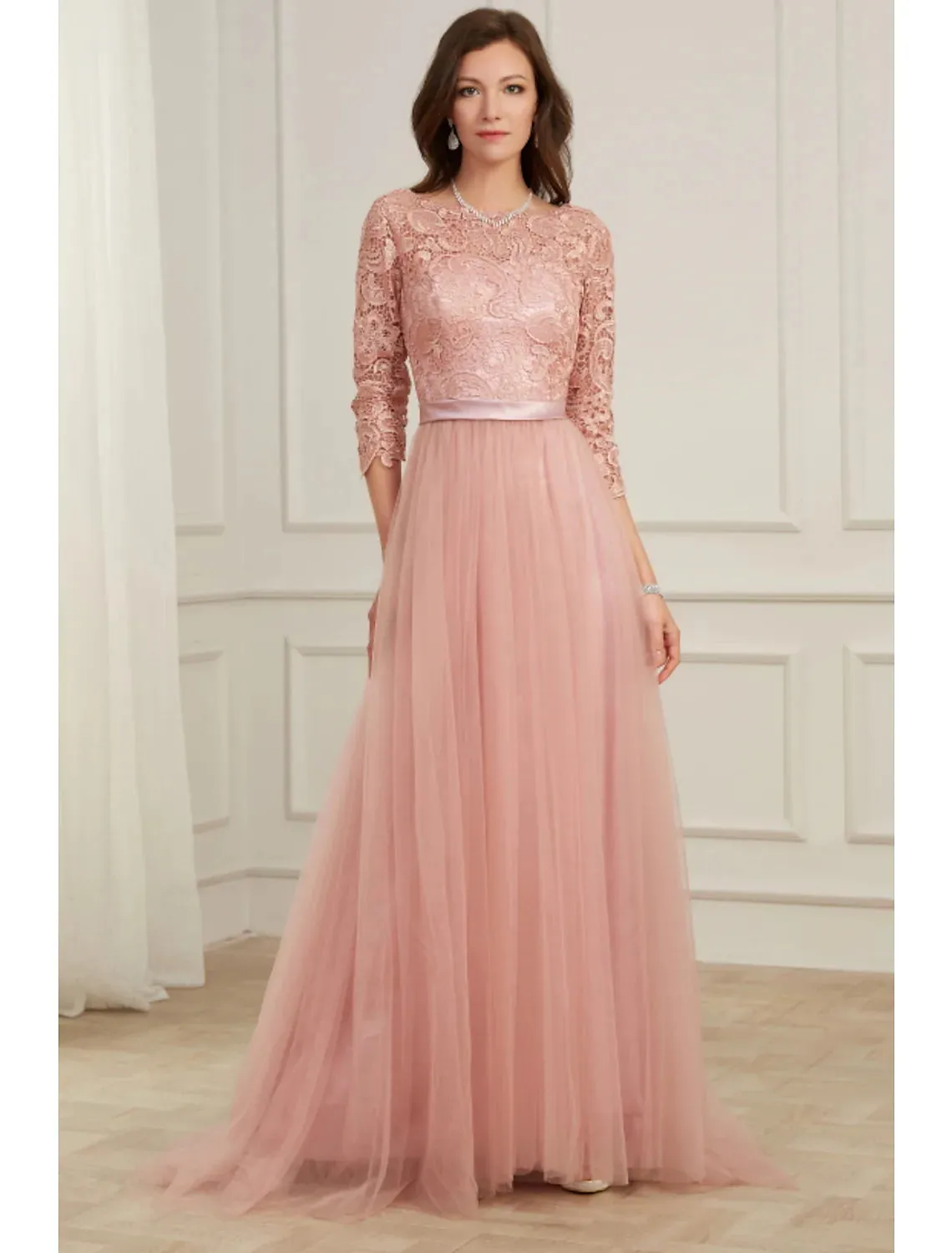 A-Line Evening Gown Spring Dress Party Wear Sweep / Brush Train Long Sleeve Jewel Neck Lace with Appliques