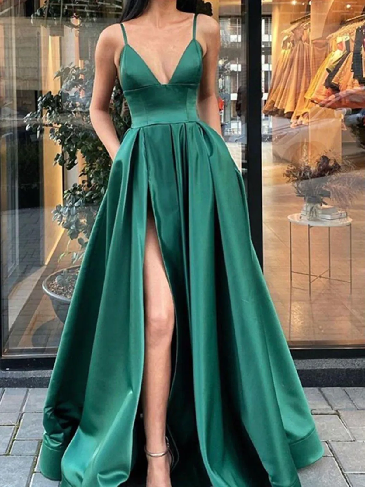 A Line Green Satin Long Prom Dresses With High Leg Slit, Long Green Satin Formal Evening Dresses