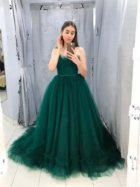 A Line Green Tulle Long Prom Dresses,Green Tulle Long Party Evening Dresses