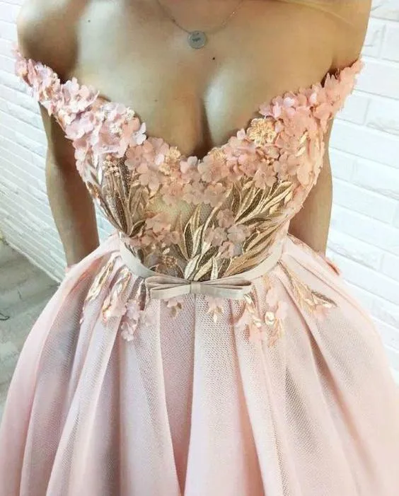 A Line Hand-Made Flower Long Off the Shoulder Sweetheart Prom Dresses with Pockets JS256