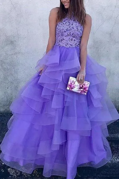 A Line High Neck Ruffles Lavender Ball Gown Prom Dresses with Appliques JS679