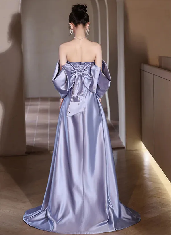 A-Line Light Purple Satin Beaded Off Shoulder Prom Dress Evening Dress