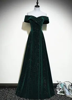 A-line Off Shoulder Green Velvet Simple Party Dress, Green Prom Dress Formal Dress