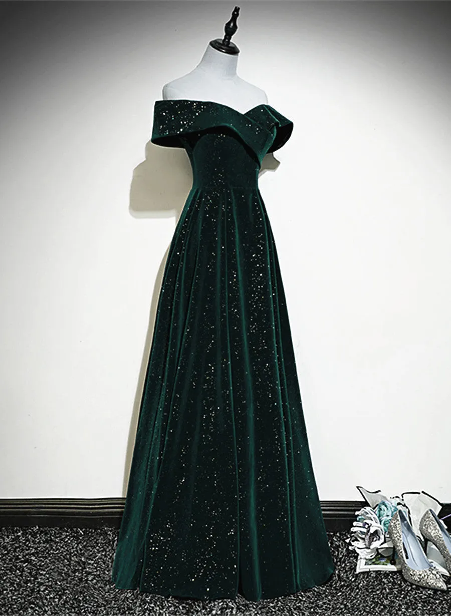 A-line Off Shoulder Green Velvet Simple Party Dress, Green Prom Dress Formal Dress