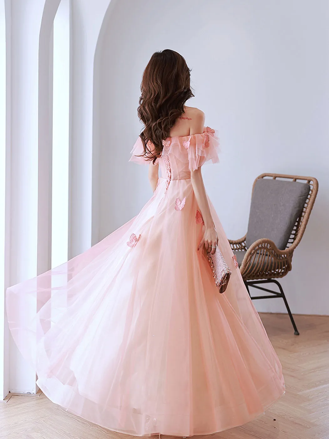 A-Line Off Shoulder Pink Long Prom Dresses, Pink Tulle Formal Evening Dress