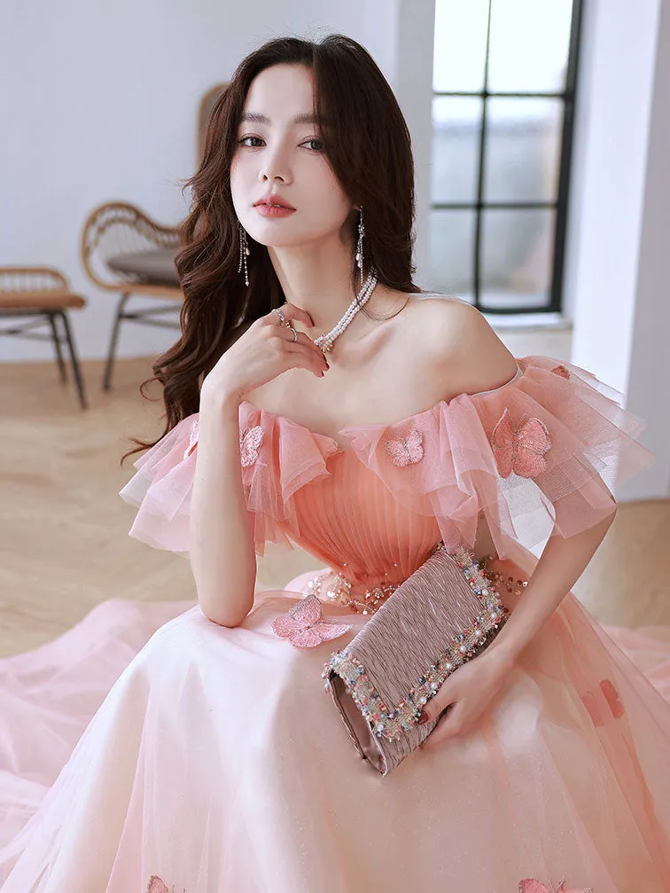 A-Line Off Shoulder Pink Long Prom Dresses, Pink Tulle Formal Evening Dress