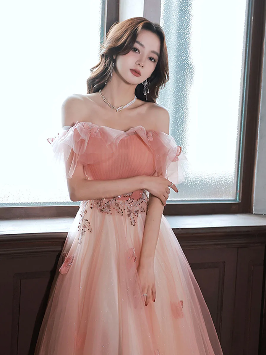 A-Line Off Shoulder Pink Long Prom Dresses, Pink Tulle Formal Evening Dress