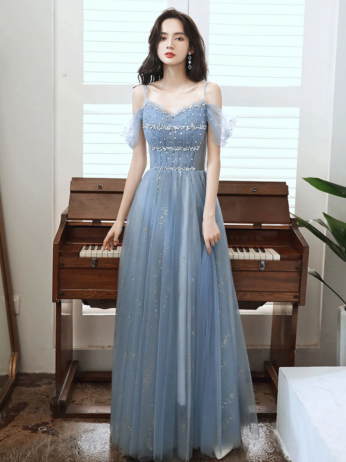 A line Off Shoulder Sequin Blue Long Prom Dress, Blue Long Party Evening Dresses