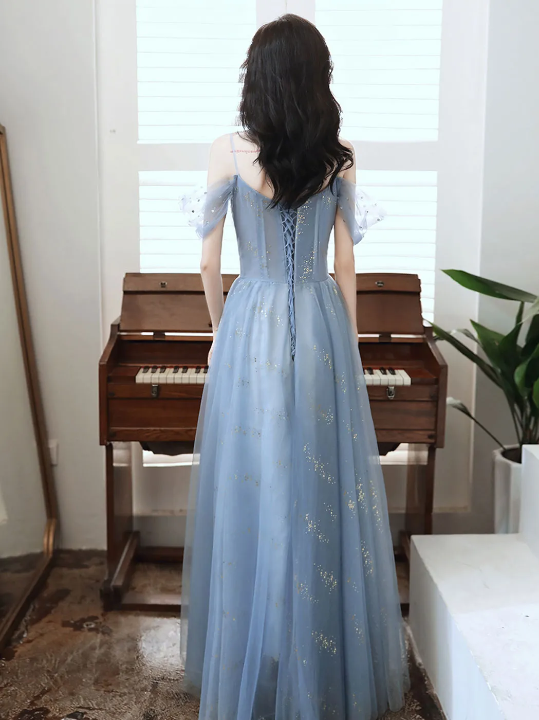 A line Off Shoulder Sequin Blue Long Prom Dress, Blue Long Party Evening Dresses