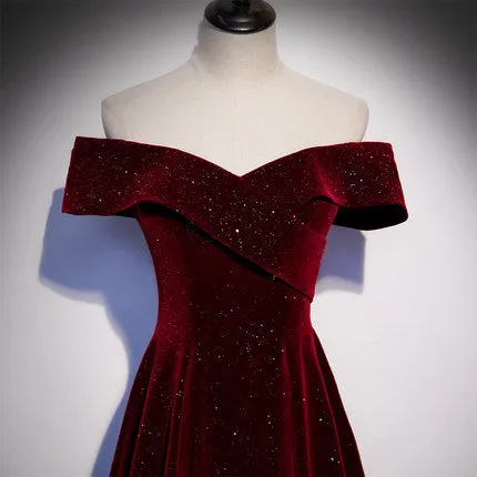 A line Off The Shoulder Burgundy Prom Dresses Sexy Evening Dress SH080