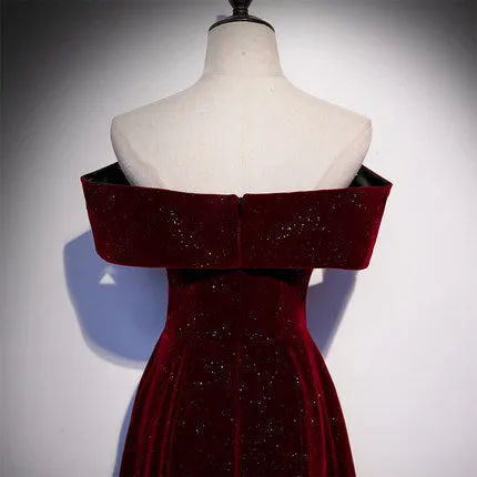 A line Off The Shoulder Burgundy Prom Dresses Sexy Evening Dress SH080