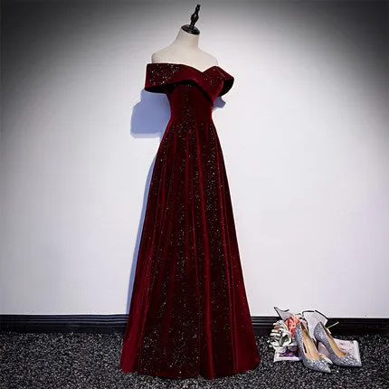 A line Off The Shoulder Burgundy Prom Dresses Sexy Evening Dress SH080